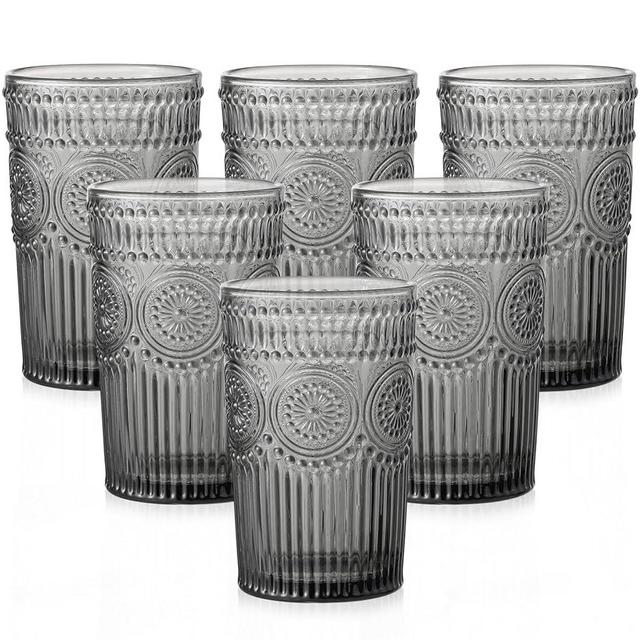 ZMOWIPDL Vintage Glassware Drinking Glasses Set of 6,13 oz Grey Textured Flower Design Glass Water Tumblers，Embossed Striped Drinkware for Water,Cocktails,Juice,Iced Coffee
