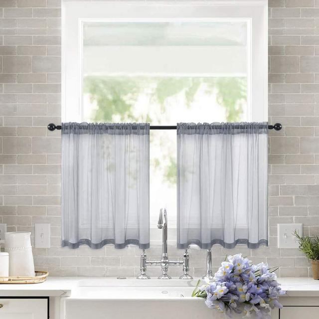 MIULEE 2 Panels Kitchen Tiers Half Window Sheer Curtains Rod Pocket Semitranslucent Voile Drapes for Kitchen Bathroom Small Windows 29 by 36 Inch Dark Grey