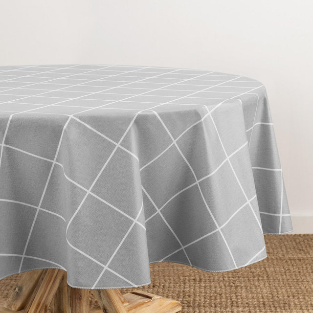 Windowpane Plaid Grid Printed Vinyl Indoor/Outdoor Tablecloth - Gray - 84x60 Oval - Elrene Home Fashions