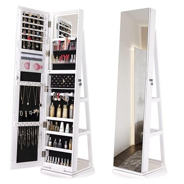 Kasibie Full Length Mirror Jewelry Cabinet 360° Swivel, Standing Mirror With Jewelry Storage, Lockable Jewelry Organizer with LED Lights (White)