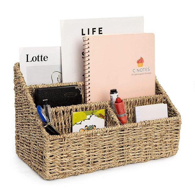 KOLWOVEN Mail Organizer Countertop- Mail Holder Countertop - Mail Bill Sorter Organizer For Desk And Home - File Organizer For Desk- Boho Magazine Rack Storage Organizer - Magazine Display Holder (Sea grass)