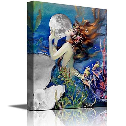 Mermaid Wall Decor for Bathroom Wall Decor Modern Girls Room Decor Framed Wall Art Mermaid Canvas Prints Wall Decorations for Bedroom Nautical Theme Bathroom for Wall Decor (mermaid-1620 inch, Blue)