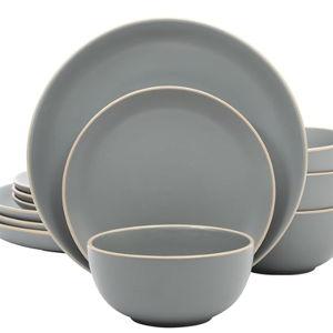 Gibson Home Rockaway 12-Piece Stoneware Dinnerware Set, Matte Finish, Service for 4, Modern Ceramic Plates and Bowls, Microwave & Dishwasher Safe – Soft Gray - Service for 4