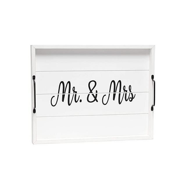 Elegant Designs HG2000-WMM Wood w-Handles Decorative Serving Tray, 15.5" x 12", White Wash Mr. & Mrs.