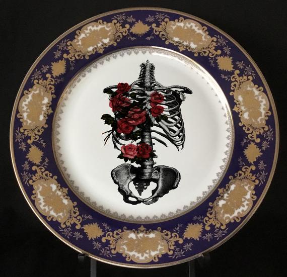 FREE SHIPPING. Raised Blue & Gold Floral Rib Cage Plate (Available Without Flowers) or Teacup Set, Foodsafe, Dishwasher Safe
