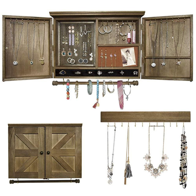 MULIFEE Rustic Wall Mounted Jewelry Organizer,Vintage Wooden Hanging Jewelry Holder Box with Barndoor Decor for Necklaces, Earings, Bracelets, Rings, Accessories. Includes Hook Organizer