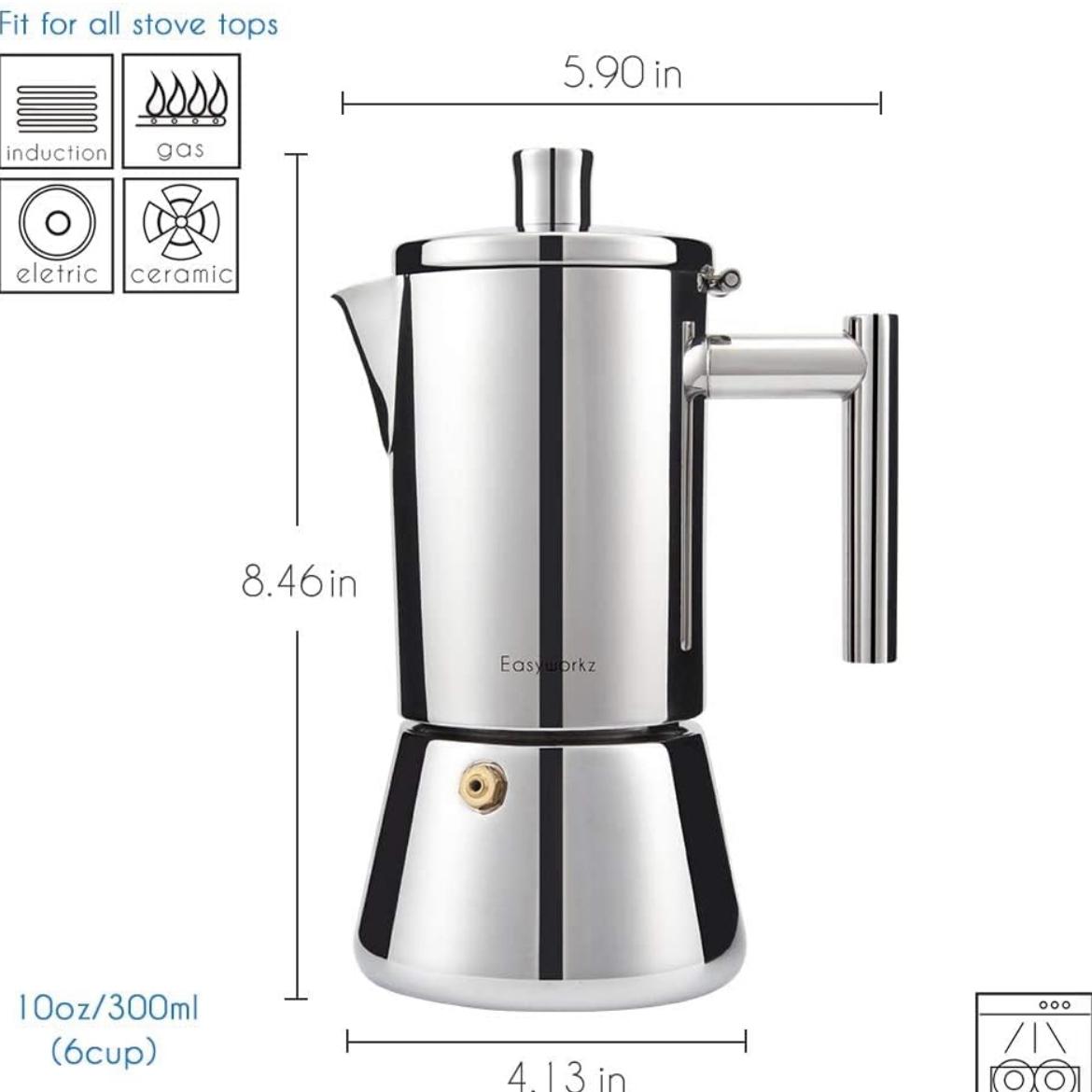Easyworkz Diego Stovetop Espresso Maker Stainless Steel Italian Coffee Machine Maker 6Cup 10 oz Moka Pot Induction Espresso Pot