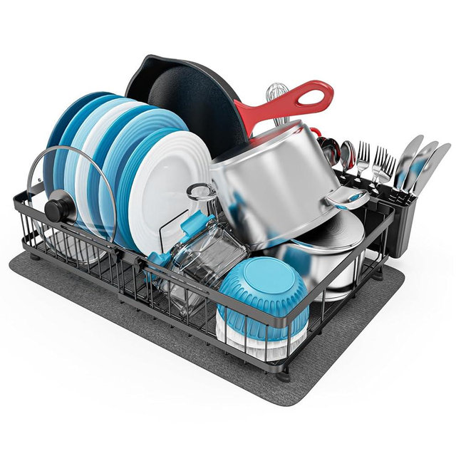 GSlife Large Dish Drying Rack - Full Size Expandable Dish Racks for Kitchen Counter, Rust Resistant Dish Drainer with Absorbent Drying Mat Cutlery Holder, 16.5"-21.3" L x 14.7" W, Black