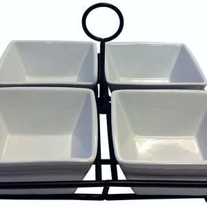 4 Bowl Condiment Dish Rack Set - White Porcelain Ceramic Caddy - Condiments, Nuts, Ice Cream, Snacks, Candy Serving Bowls -
