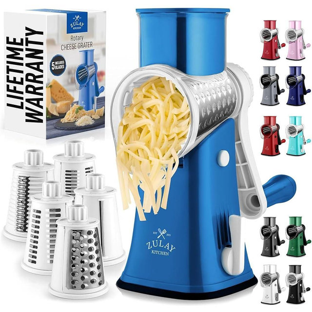 Zulay Rotary Cheese Grater 5 Blade Cheese Shredder - Manual Hand Crank Cheese Grater With Reinforced Suction & 5 Interchangeable Drums - Easy to Use Vegetable Chopper - Heavenly Blue
