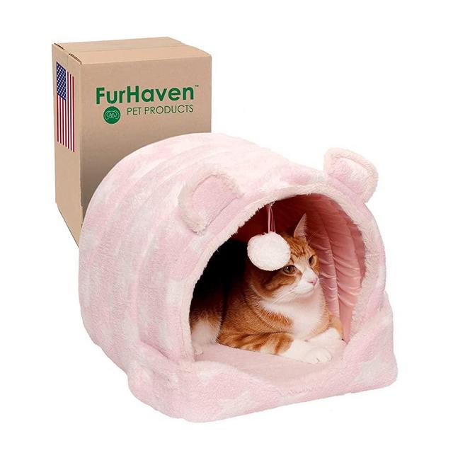 Furhaven Small Cat Bed Cozy Cave-Bear Fleece & Faux Fur Foldable Pet Tent, Washable - Pink Stars, Small