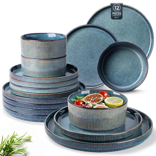 GBHOME Stoneware Dinnerware Sets for 4,Round Reactive Glaze Ceramic Plates and Bowls Set,Highly Scratch Resistant | Dishwasher & Microwave Safe Dishes Set,Service for 4(12Pcs)