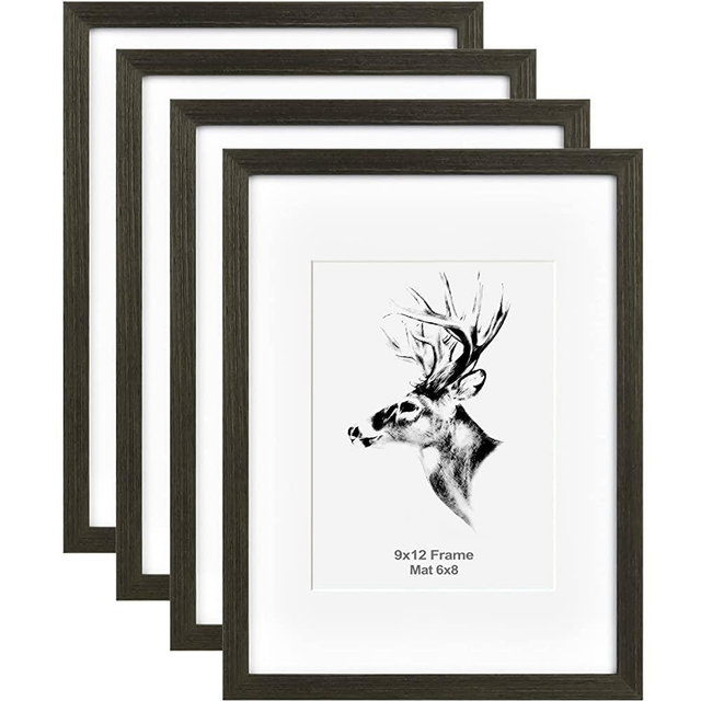 Yaetm 9x12 Black Picture Frame with Mat for 6x8 Set of 4, Solid Wood Photo Frames with Tempered Glass, 9 by 12 Frames for Horizontal and Vertical Wall Mounting (4 pack, Anthracite Black)