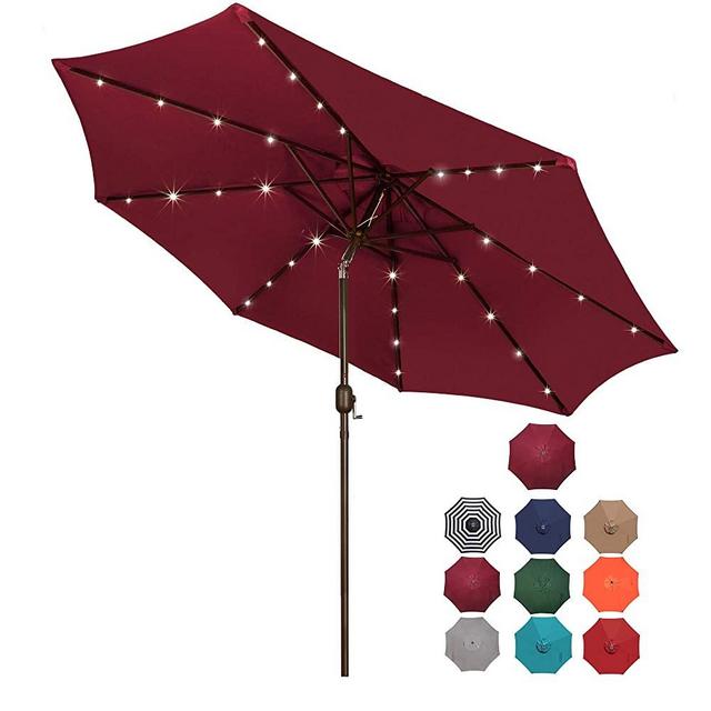 Blissun 9 ft Solar Umbrella, 32 LED Lighted Patio Umbrella, Table Market Umbrella, Outdoor Umbrella for Garden, Deck, Backyard, Pool and Beach (Burgundy)