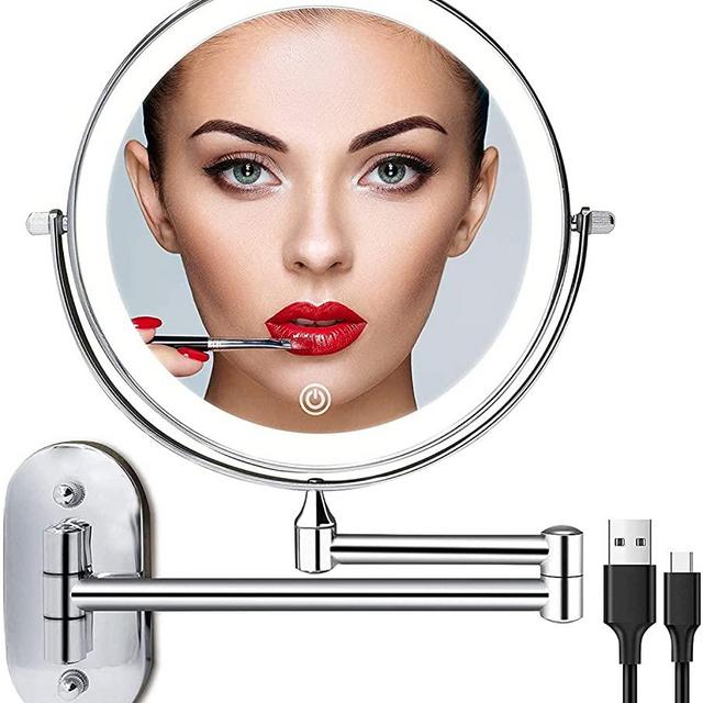 Rechargeable Wall Mounted Lighted Makeup Vanity Mirror 8 Inch Double Sided 1X 10X Magnifying Bathroom Mirror, 3 Color Lighting, Touch Screen Dimming, Extended Arm 360 Rotation Shaving Light up Mirror