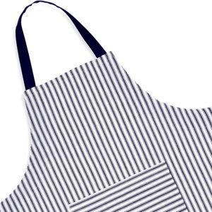 Navy Blue and White Ticking Stripe Woven Cotton Bib Apron Pocket Adjustable Strap