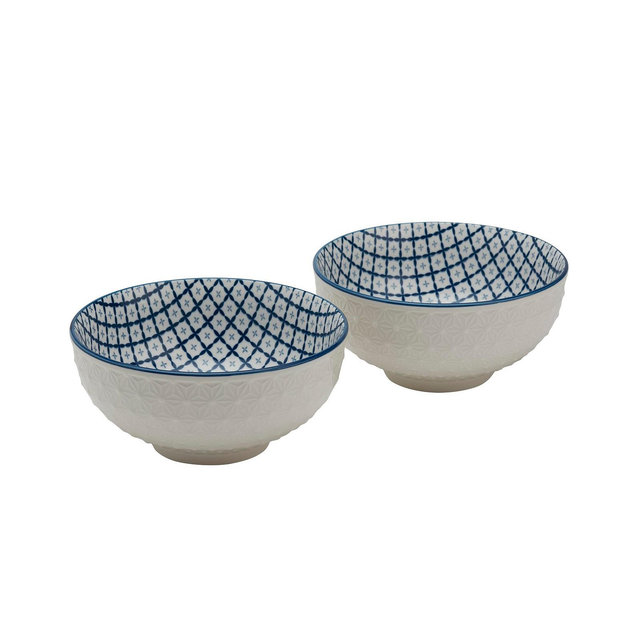 Tabletops Unlimited 6.5" White Embossed Diamond Stoneware Ramen Noodle Bowls, Set of 2