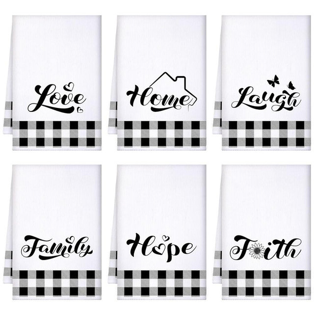 Preboun 6 Pcs Christmas Buffalo Plaid Kitchen Towels Black and White Dish Hand Towels for Kitchen Love Home Family Tea Cloth Decorative Farmhouse Absorbent for Bathroom Decor