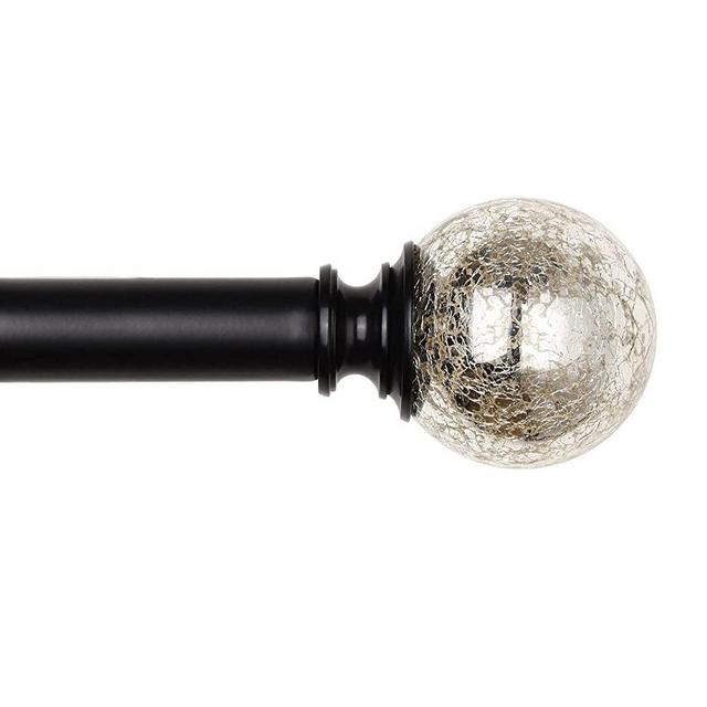 KAMANINA 1 Inch Curtain Rod Single Window Rod 72-144 Inches (6-12 Feet), Crackle Glass Finials, Black Drapery Rod