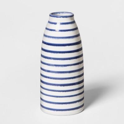9" x 4" Stoneware Stripped Vase White/Blue - Threshold™