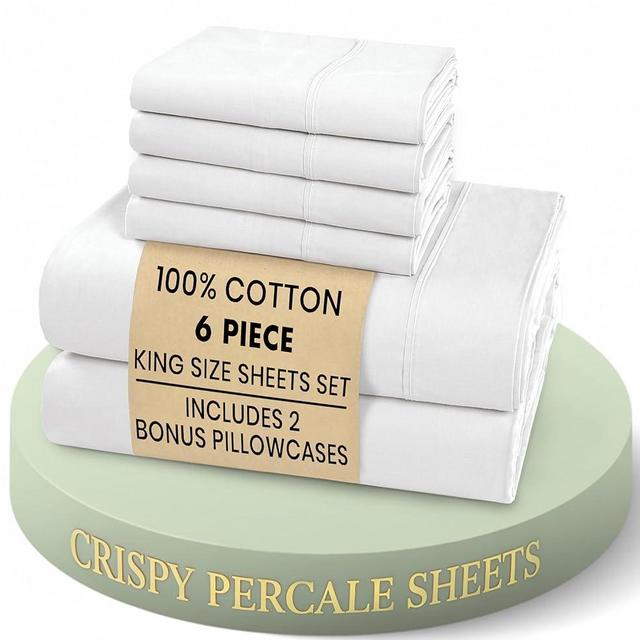 RUVANTI 6 Pcs Cotton Sheets - 100% Natural Cotton Soft, Lightweight & Breathable Crispy Percale Bed Sheets, King Size Sheets Set 16" Deep Pockets, Bright White