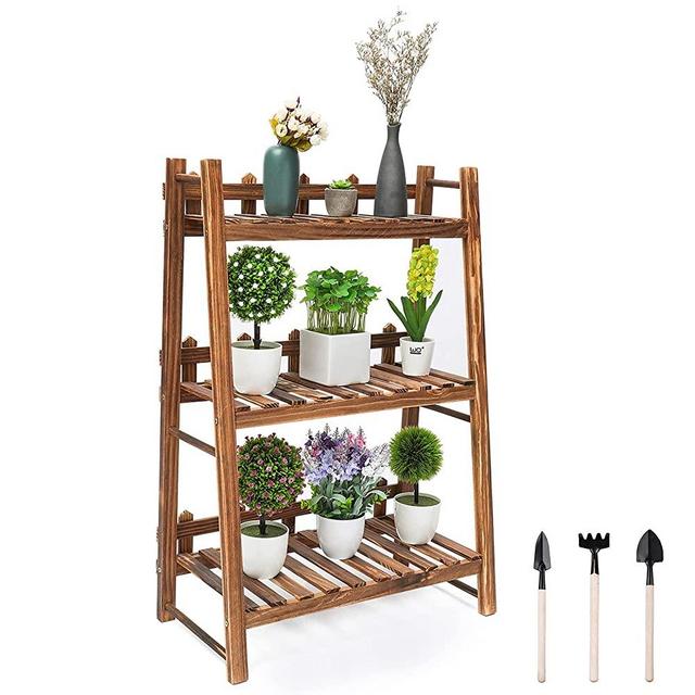 TOOCAPRO Plant Stand Wooden Bonsai Stand Plant Display Rack Storage Shelf Household Outdoor Indoor 3 Tiers with 3 Gardening Tools