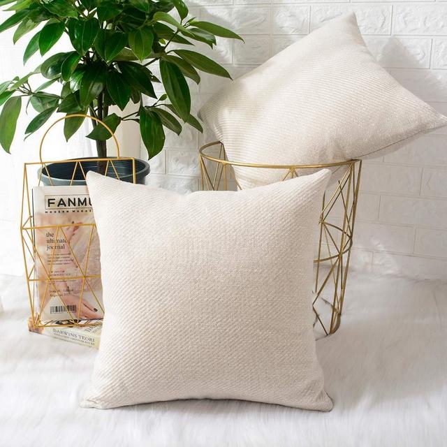 MERNETTE Pack of 2, Chenille Soft Decorative Square Throw Pillow Cover Cushion Covers Pillowcase, Home Decor Decorations for Sofa Couch Bed Chair 20x20 Inch/50x50 cm (Cream)