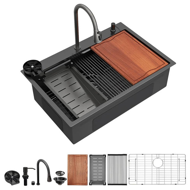 Dcolora 33 Inch Luxury Black Waterfall Kitchen Sink - 33×22 Drop In Kitchen Smart Sink with Faucet Combo Multifunctional Topmount Stainless Steel Large All-In-One Workstation Sink Set, DC-SFDOE00022