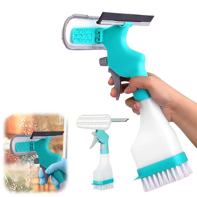 4-in-1 Scraper Brush Spray and Brush, Portable Multifunction Window Cleaner Tool with Squeegee and Plush Glass Brush, New Refillable Bottle Sprayer for Glass Ceramics Surface（Blue）