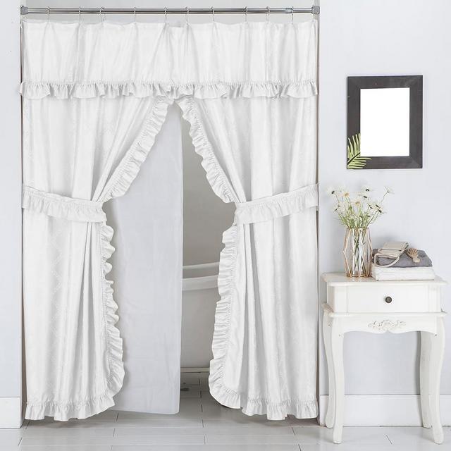 Castle Selection Double Swag Ruffled Fabric Shower Curtain Set, Intersected Leaves Pattern, PEVA Liner and Roller Rings (White)