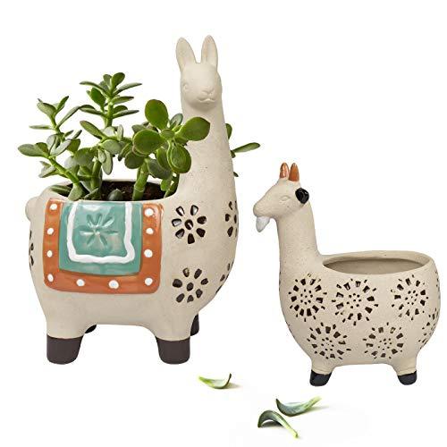 Ceramic Animal Succulent Planter Pots - 6.1 + 4.5 inch Cute Alpaca & Goat Rough Pottery Unglazed Desktop Flower Plant Pots Indoor with Drainage for Herb Cactus Air Plants, Home Decor Gift