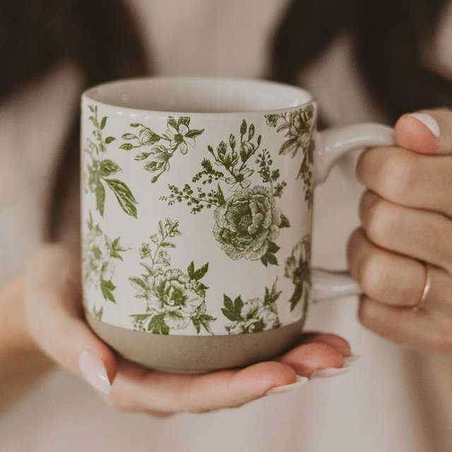 Green Delft Coffee Mug - Green Flower Mug, Spring Coffee Mug - Spring Mug Gift for Her - Cottagecore Mug, Spring Decor - Vintage Mug