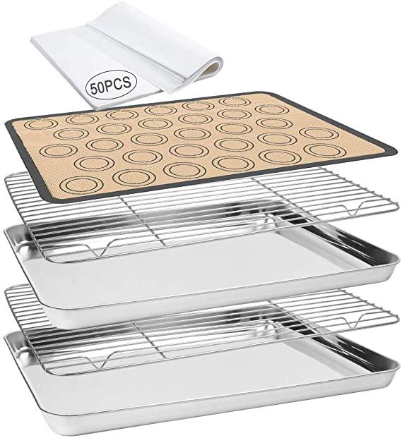 Baking Sheet 55 PCS Baking Sheet Set with 2 PCS Stainless Steel Baking Pans & Cooling Rack,Silicone Baking Mat & 50 Parchment Papers Oven Safe Dishwasher Safe