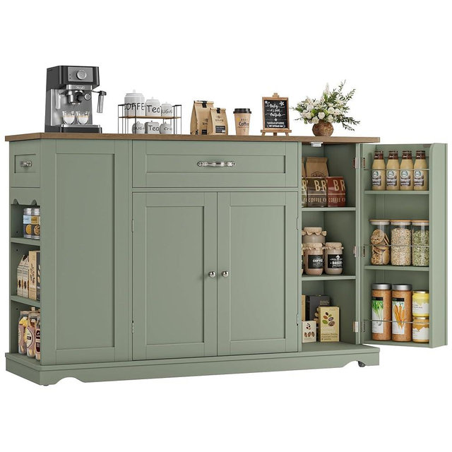 HOSTACK Kitchen Island Cart with Storage, 47'' Kitchen Storage Island on Wheels with 2 Drawers, Rolling Island Table with Adjustable Shelves, Mobile Buffet Sideboard Cabinet for Dining Room, Green