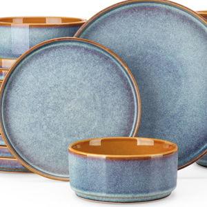 vancasso ONION Ceramic Plates and Bowls Sets, 18 Pieces Blue Dinnerware Sets for Kitchen, Reactive Glaze Dishes Set for 6, Dishwasher and Microwave Safe