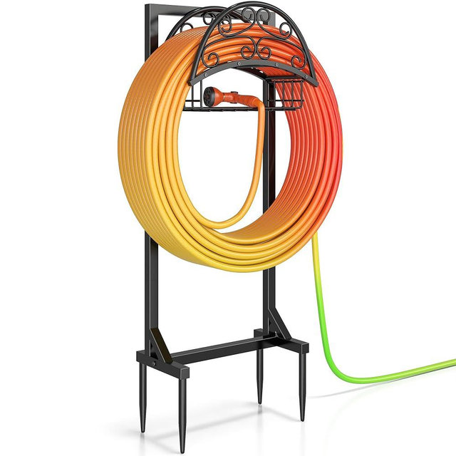 Silvonte Garden Hose Holder – Freestanding Water Hose Holder with Storage Basket, Sturdy Metal Hose Stand and Hanger, Heavy-Duty Garden Hoses Storage Rack for Outside, Supports 151FT