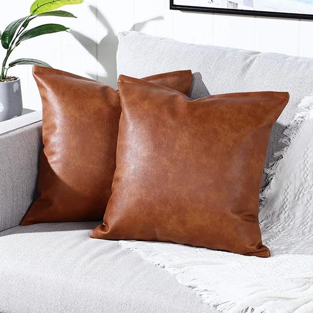 YAERTUN Set of 2 Faux Leather Decorative Throw Pillow Covers Modern Solid Outdoor Cushion Cases Luxury Pillowcases for Couch Sofa Bed 18x18 Inches Brown