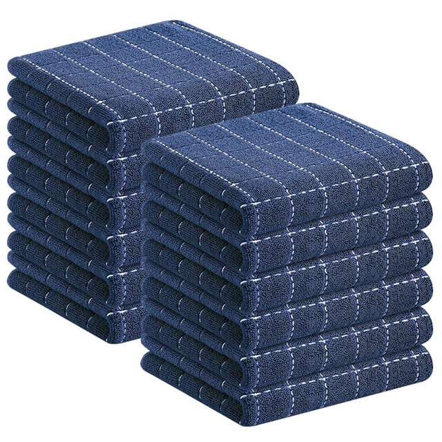 Homaxy 100% Cotton Terry Kitchen Towels(Navy Blue, 13 x 28 inches), Checkered Designed, Soft and Super Absorbent Dish Towels, 12 Pack