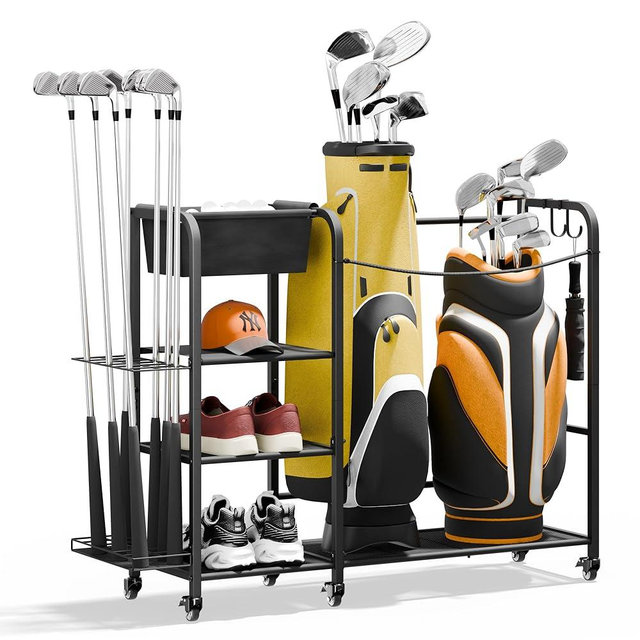 Golf Bag Organizer Golfing Storage Stand for Garage Fits for 2 Golf Bags Golfing Rack with Wheels 39" L