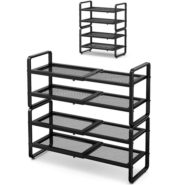 Shoe Rack - Expandable Shoe Organizer for Closet, Adjustable Metal Shoe Shelf Storage, 4 Tier Stackable Long Shoe Stand Holder for Garage, Entryway, Door Entrance, Black