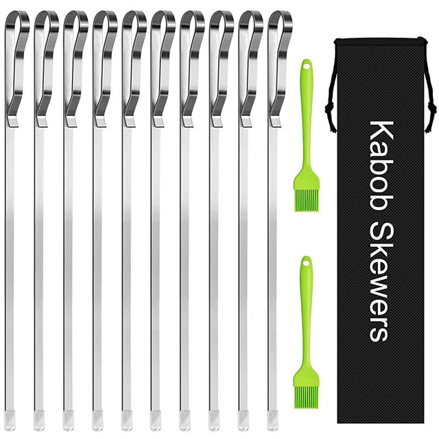Kabob Skewers 17" Stainless Steel Long BBQ Barbecue Skewers, Flat Metal Kebob Sticks Wide Reusable Grilling Skewers for Meat Chicken,Set of 12 Including 2 Bonus Silicone Brush with Storage Bag