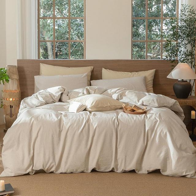 MooMee Striped Duvet Cover Set 100% Washed Cotton Linen Like Textured Breathable Durable Soft Comfy (Tannish Linen Grey White Pinstripes, Queen 90"x90")