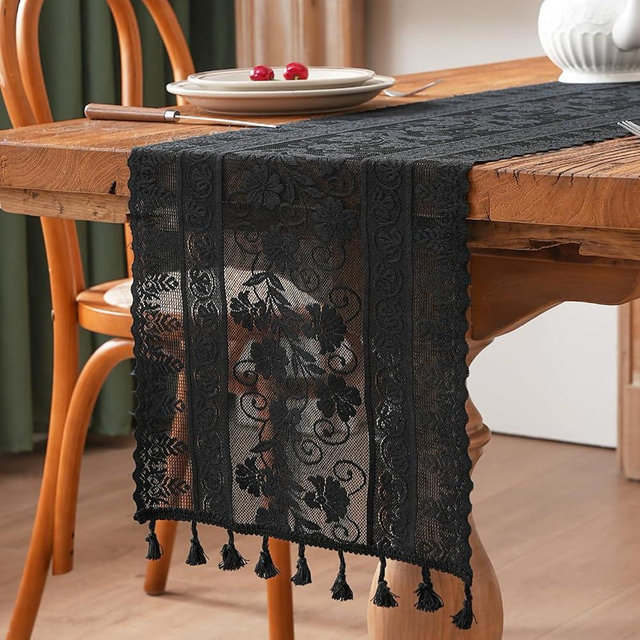 Black Lace Table Runner Flower Boho Table Runner with Tassels Vintage Rustic Christmas Runners for Dining Home Table Setting Decor(12x73 inch,Tassel Included)