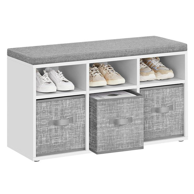 VASAGLE Shoe Bench with Cushion, Shoe Storage Bench with 6 Compartments and 3 Adjustable Shelves, Entryway Bench with 3 Storage Boxes, for Bedroom, Closet, Living Room, Cloud White ULSB101W14