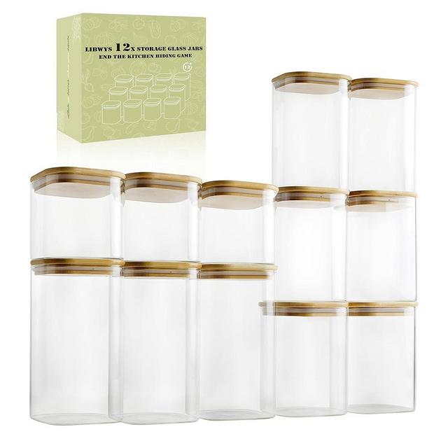 LIBWYS 12-Pack Glass Pantry Storage Containers with Bamboo Lids (0.76Qt/1.22Qt/1.67Qt) - Stackable Square Food Jars for Pantry Organization, Coffee, Flour, Snacks, Tea | Kitchen Canisters Set