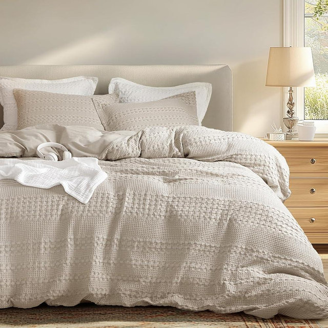 PHF 100% Cotton Waffle Duvet Cover Queen Size, Soft Breathable Cotton Bedding Duvet Cover Set for All Season, Waffle Weave Textured for Aesthetic Luxury Home Decor, 2 Pillow Shams, 90"x90", Oatmeal