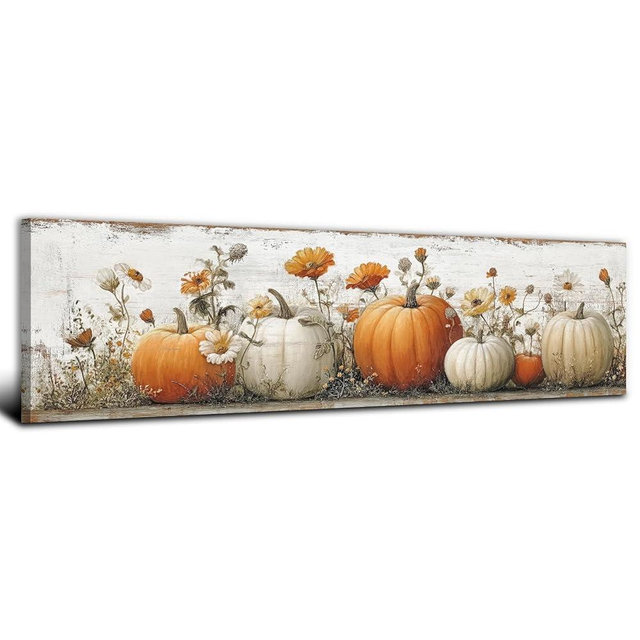 Large Pumpkin Wall Art Fall Wall Decor Farmhouse Kitchen Pictures Wall Decor Autumn Pumpkins Leaves Canvas Prints Painting Rustic Botanical Poster Artwork for Bedroom Living Room Decoration 14x48”
