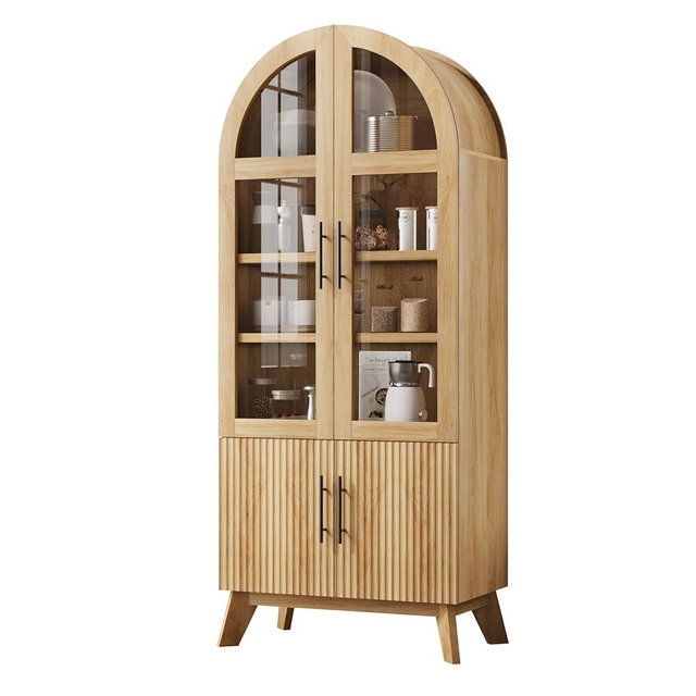 QUW 71" Tall Arched Kitchen Pantry Cabinet, Modern Fluted Storage Cabinets with Glass Door & Adjustable Shelves, Versatile Cupboard for Kitchen, Living Room, Dining Room, Bathroom, Natural Oak