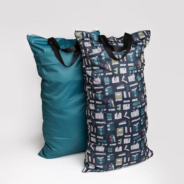 Set of 2 Water Resistant Wet Bags for Storing Laundry or Cloth Diapers Home Vacation Size Wet Bag Beach Pool Wet Swimsuit Zipper Top for Air Tight Odor Contained Washable Reusable (Book Nook)