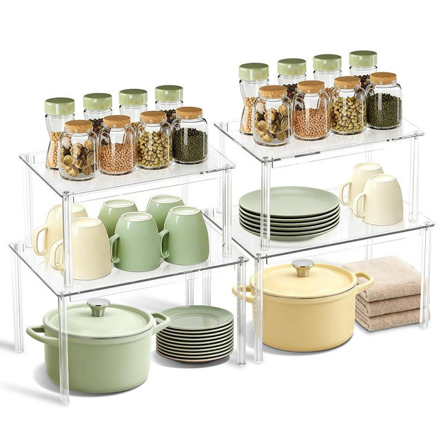BOMOKS Clear Kitchen Cabinet Organizer, Set of 4 Stackable Spice Rack, Acrylic Shelves for Pantry Organizers and Storage, Tiered Spice Organization for Cabinet, Shelf Organizer for Desk Countertop